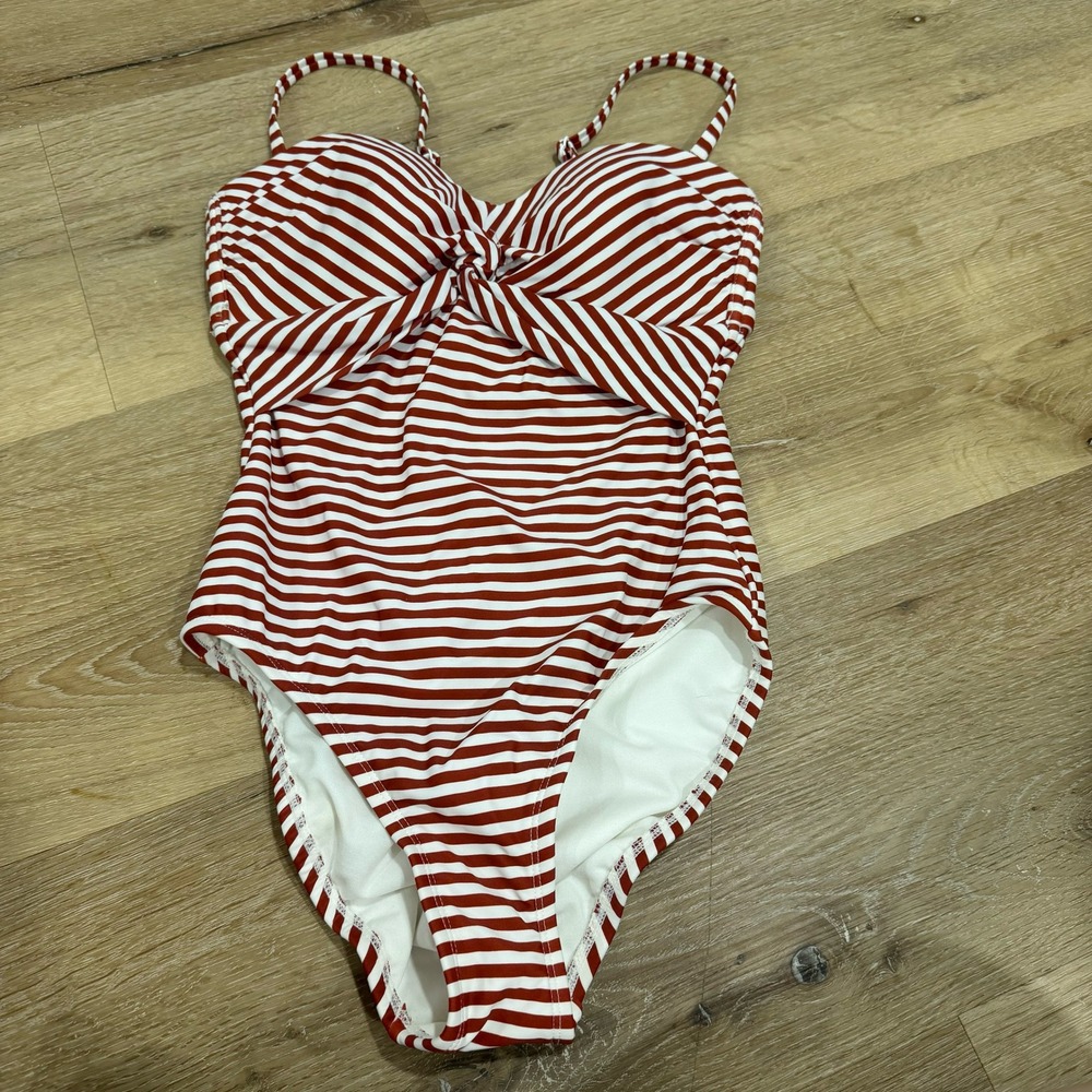 Kona Sol Womens Red White Striped Twist Front One Piece Swimsuit Size Small